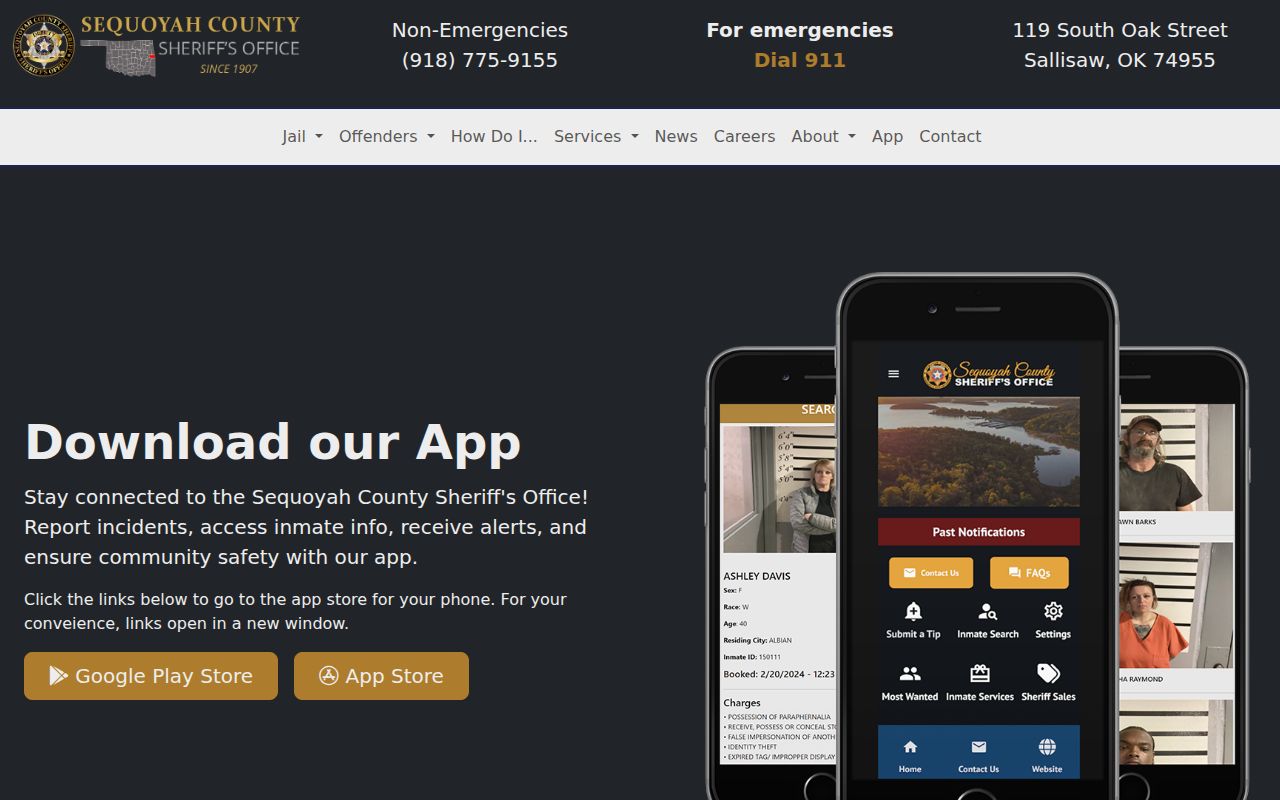 Sequoyah County sheriff app feature showing wanted-person and inmate channels