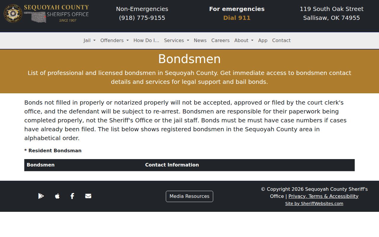 Sequoyah County bondsman instructions for bench warrant resolution