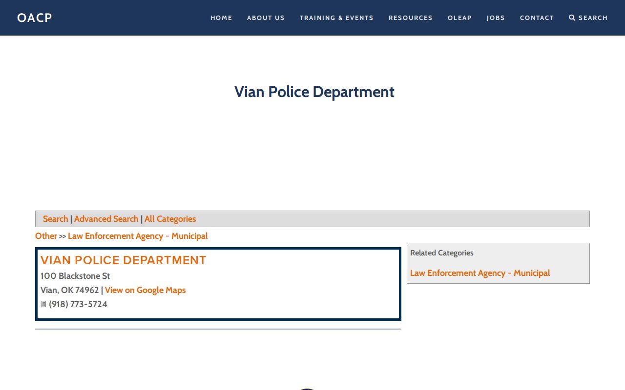 Vian Police Department directory source for city warrant records