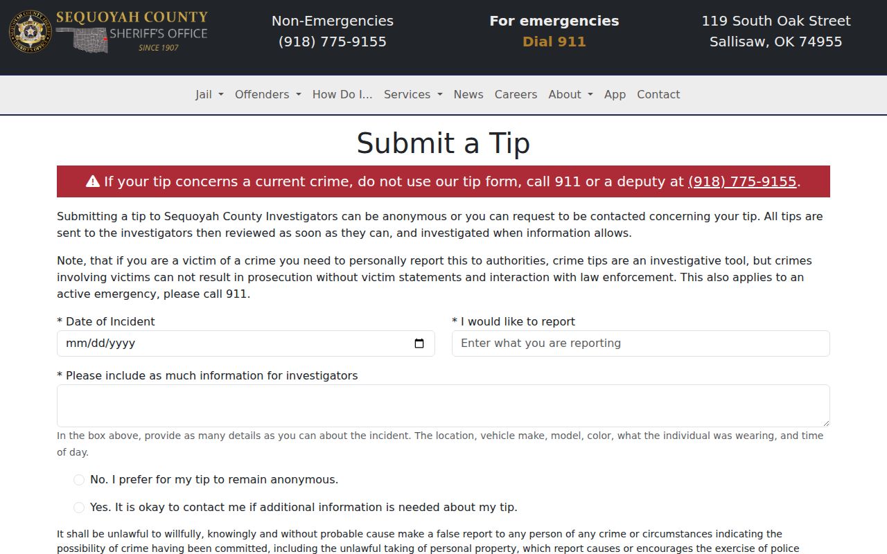 Sequoyah County sheriff anonymous tip contact form