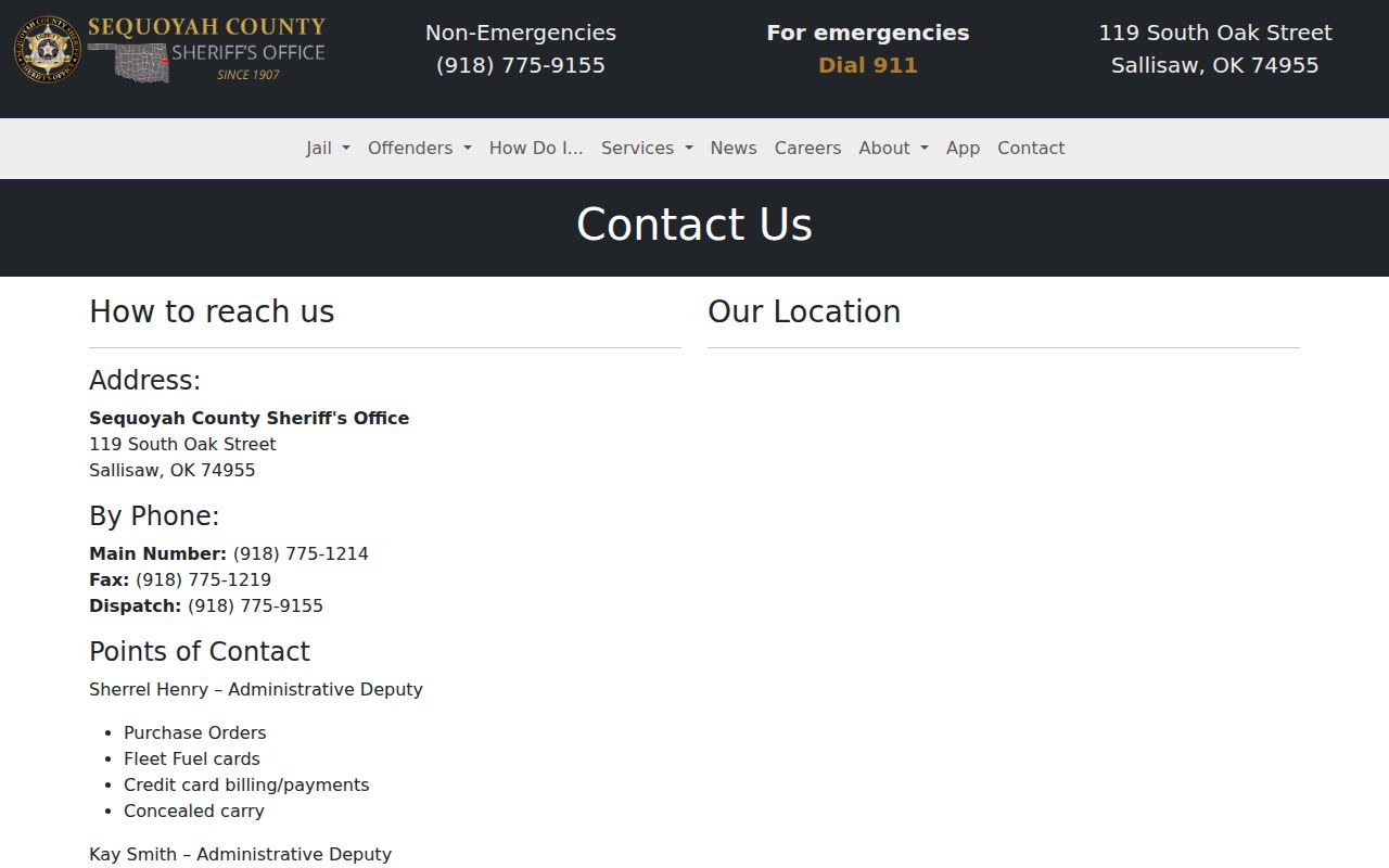 Sequoyah County sheriff headquarters for arrest warrant routing