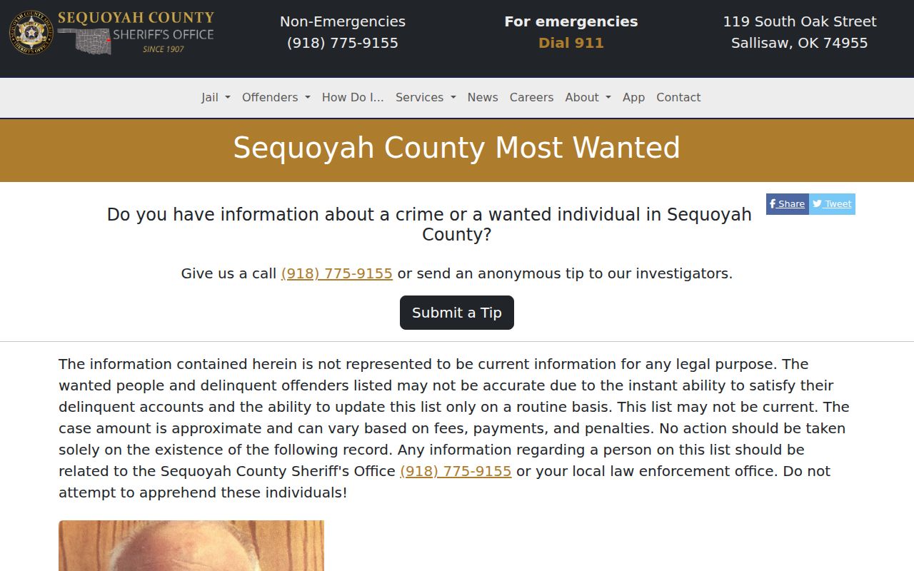 Official Sequoyah County Most Wanted search interface